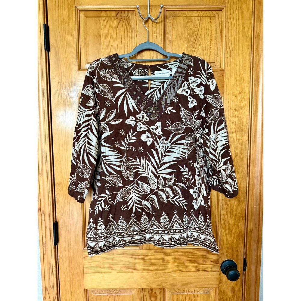 Alfred Dunner Brown Floral Embellished V Neck 3/4 Sleeve Top Blouse